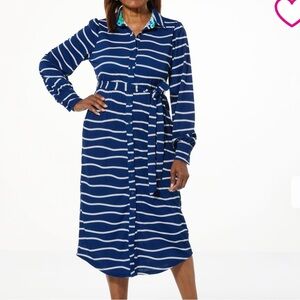 TWRHLL by Christie Brinkley Navy Rope Stripe Shirt Dress Tie Waist Size PL